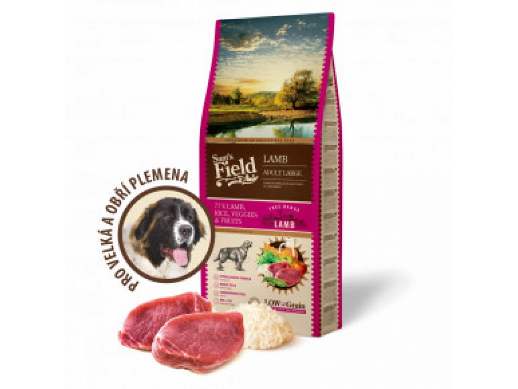 Sam's Field Low Grain Adult Large Lamb - Free Range, superprémiove granule pre dospelých psov veľkých a obrích plemien s jahňacím z voľného chovu, (Sams Field bez pšenice)