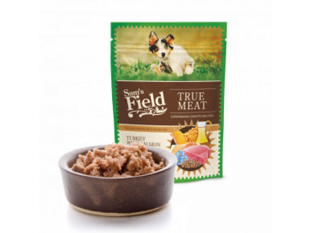 Sam's Field True Meat Turkey with Salmon & Linseed Oil for Puppy, šťavnaté mäsové kapsičky morčacie s lososom a ľanovým olejom pre šteňatá, 260 g (superprémiove kapsičky pre šteňatá)