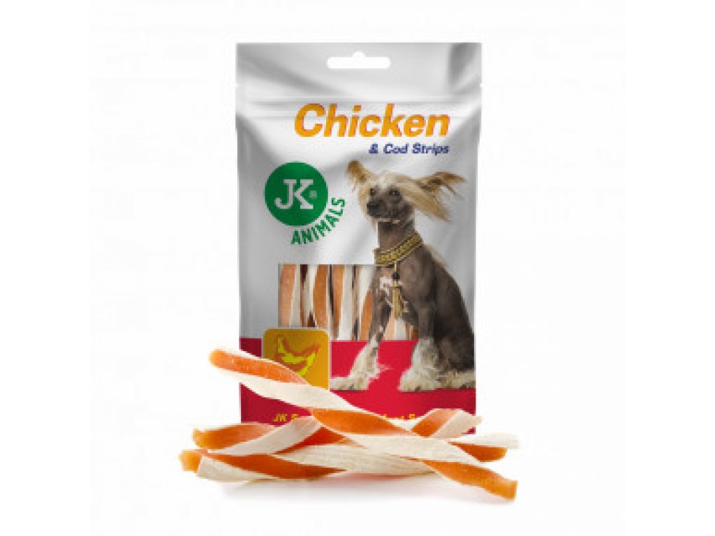 Sušené kuracie prúžky s treskou, 80 g, mäsová maškrta pre psov (Chicken & Cod Strips Meat Snack)