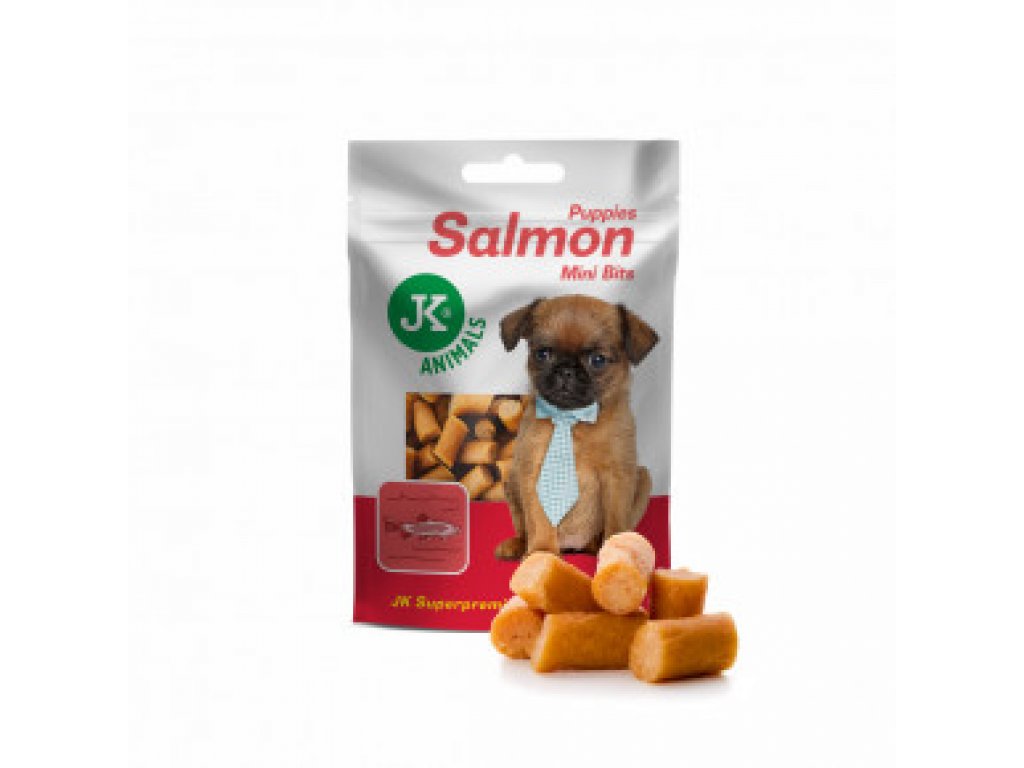 Sušené lososové mini kúsky pre šteňatá, 50 g, mini mäsová šteňacia maškrta (Puppies Salmon Mini Bits Meat Snack)