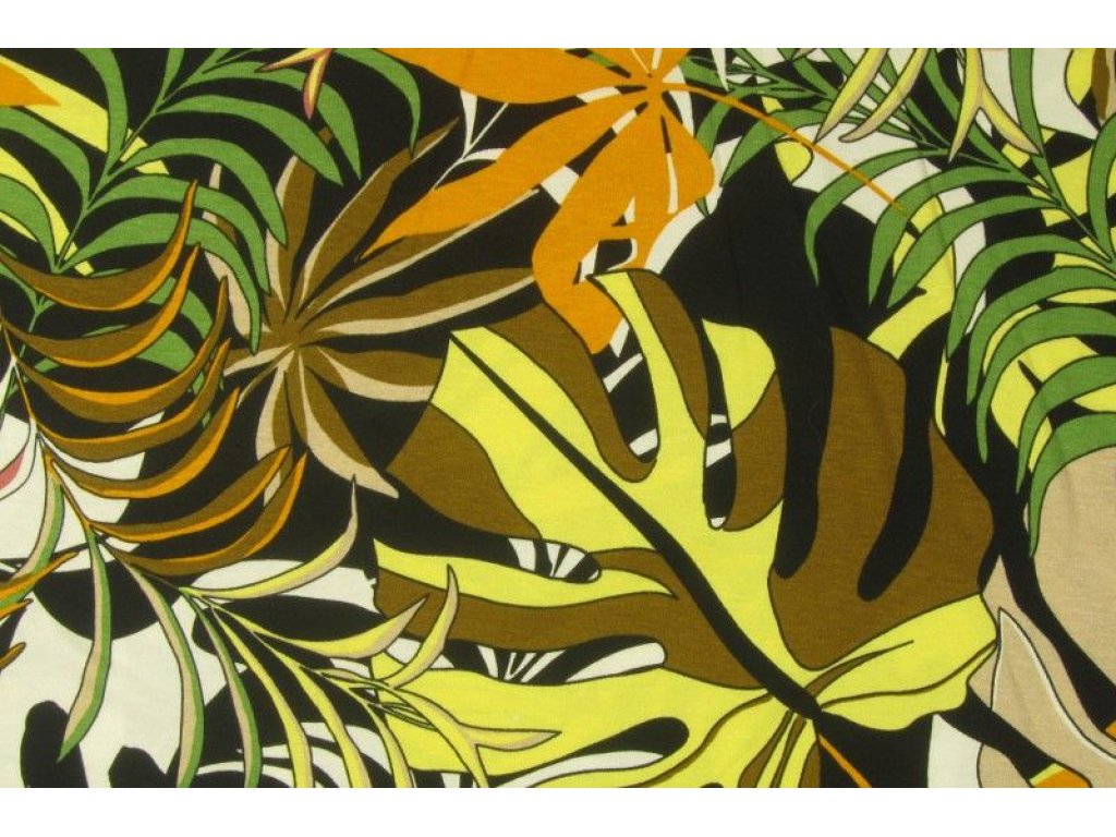 Béžovo-zelený  úplet s tropickým  vzorem , š.150 cm