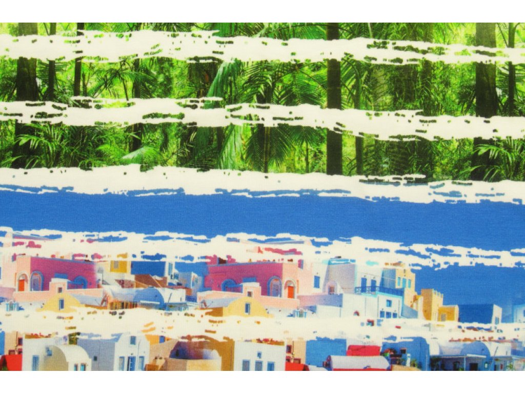 Pestrý úplet s dovolenkovým motivem š.170 cm, panel po 1,30 cm