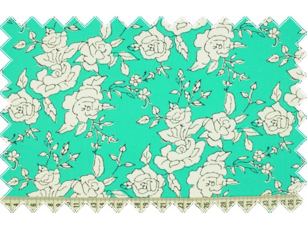 Tyrkysové elastické plátno s bílým květinovým vzorem , š.130 cm