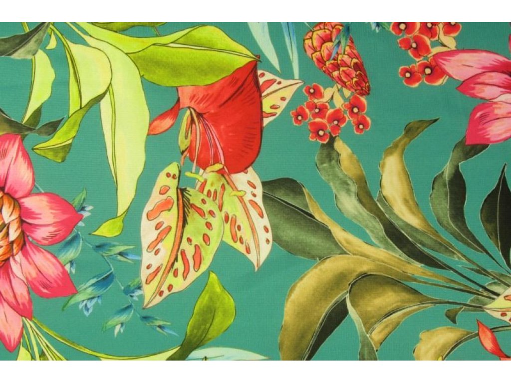 Tyrkysový úplet s barevným květinovým vzorem, š.138 cm