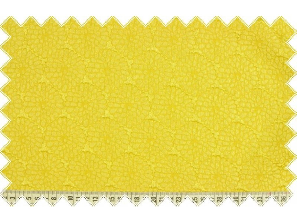 Žlutá společenská šatovka  s vyráženým květinovým vzorem, š.150 cm