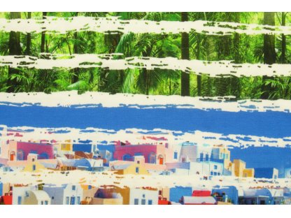 Pestrý úplet s dovolenkovým motivem š.170 cm, panel po 1,30 cm