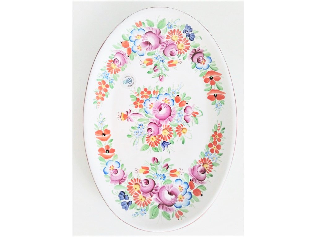 Chodský keramický oválný talíř s barevnými květy