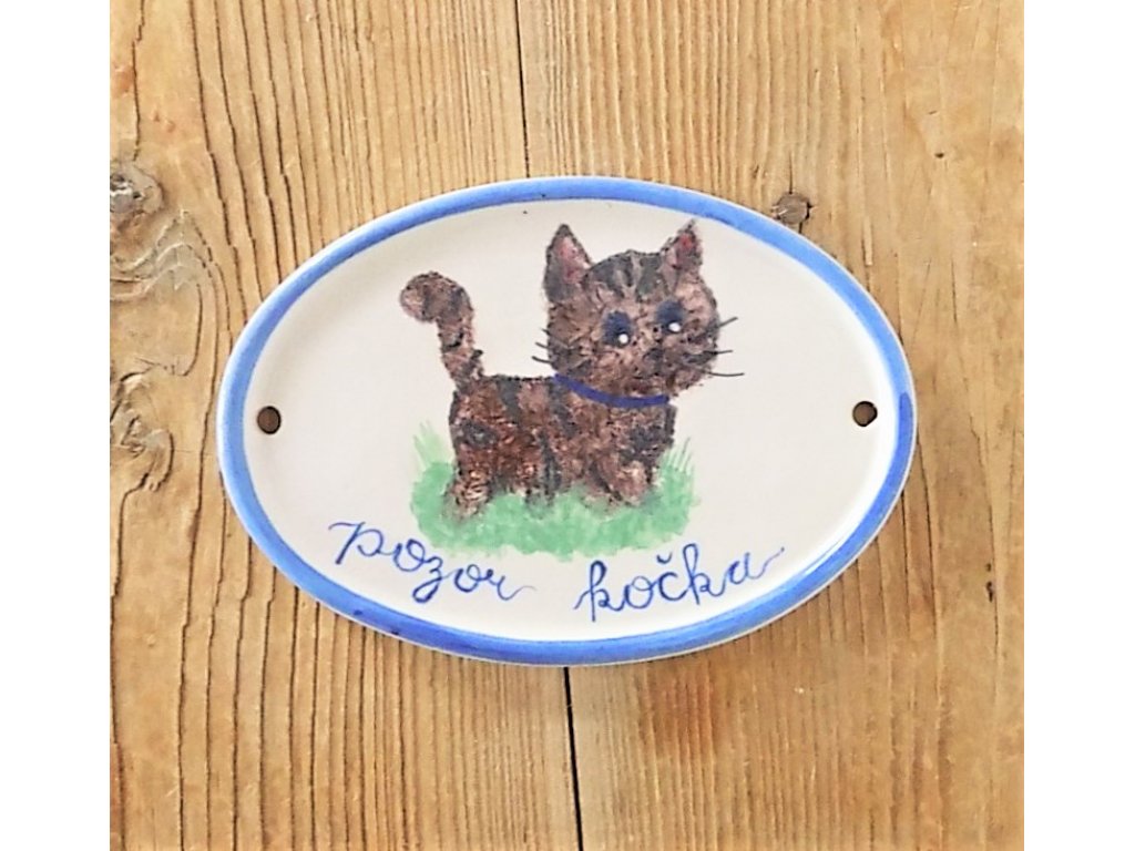 Keramický nápis na bráne - Pozor, mačka 1.
