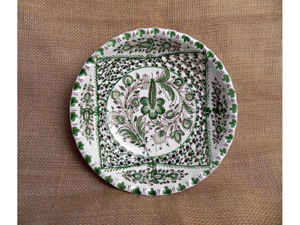 Keramická dierovaná miska, zelená a biela