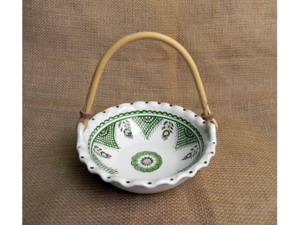 Keramická miska s ratanovou rukoväťou - malá, zelená a biela