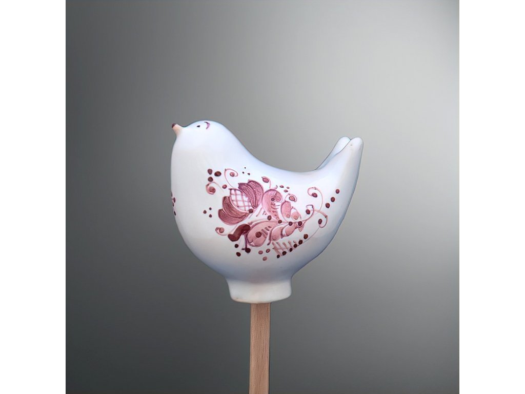 Keramický ptáčik na špajli - ružová maľba 1.