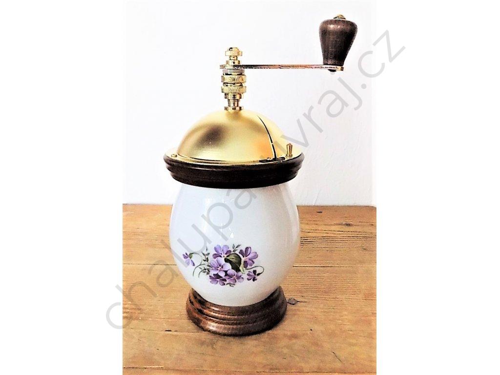 Mlynček na kávu buclák dekor fialky - porcelán a drevo