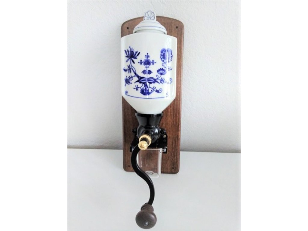 Ručný mlynček na kávu na stenu, vzor porcelán-drevo-žiarovka, 34x13 cm
