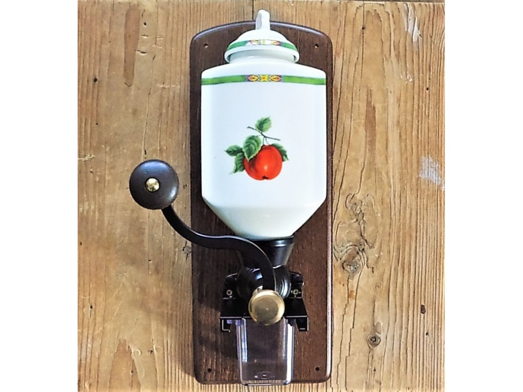 Ruční mlýnek na kávu nástěnný, porcelán-dřevo-vzor ovoce, 34x13 cm