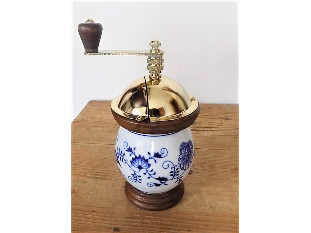 Ruční mlýnek na kávu, porcelánový buclák-vzor cibulák, 21x10 cm