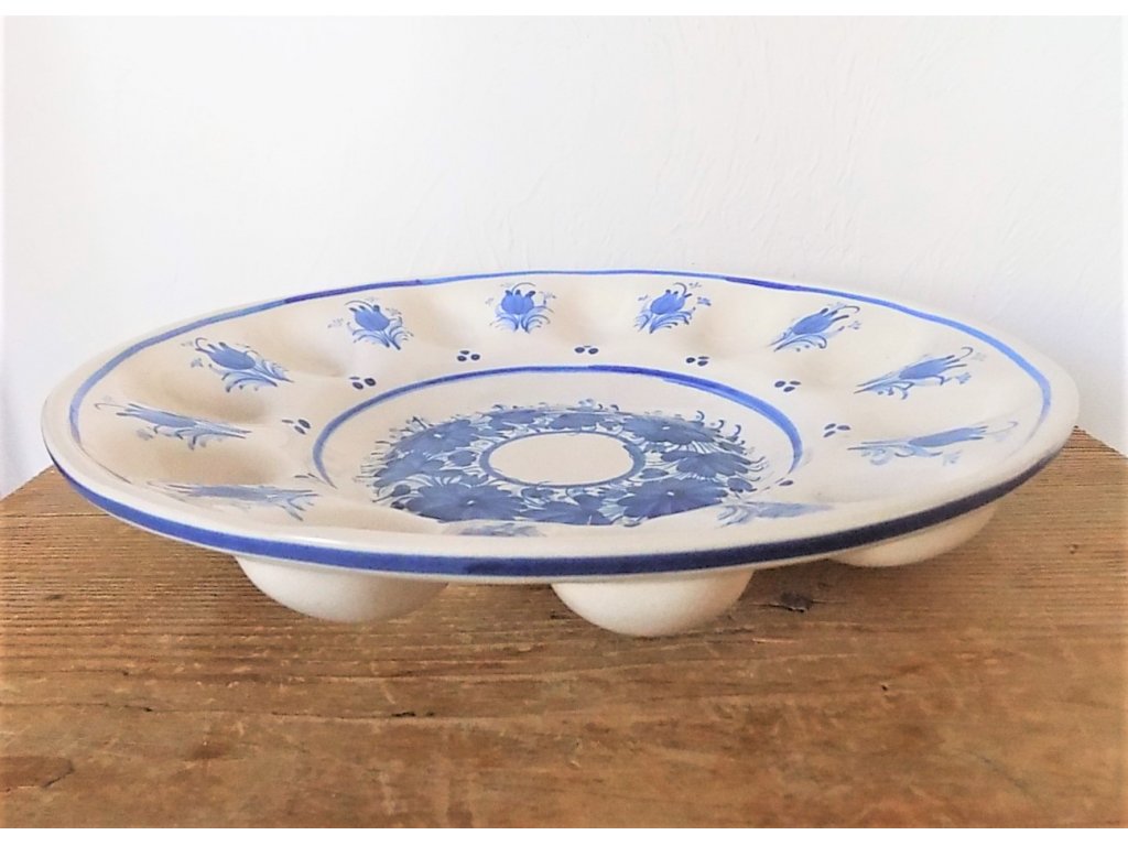 Velký talíř na vejce - keramika malovaná modře