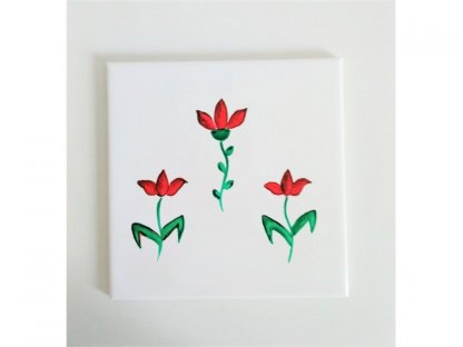 Keramická, ručně malovaná kachle - červené květy - 6.
