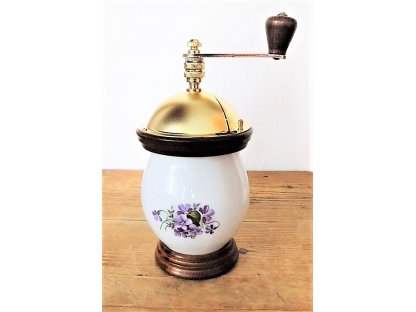 Mlynček na kávu buclák dekor fialky - porcelán a drevo