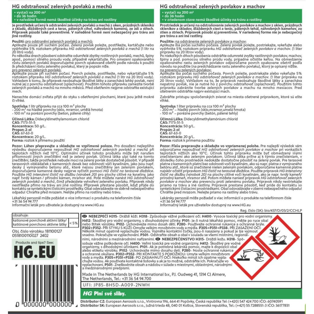 HG Remover of green coatings and mosses 1L