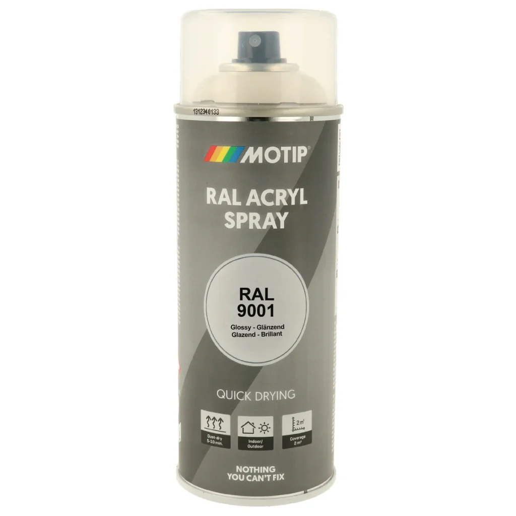 Motip akrylová rychleschnoucí barva RAL 9001 krémově bílá lesklá ve spreji 400 ml