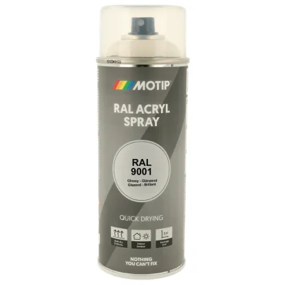 Motip akrylová rychleschnoucí barva RAL 9001 krémově bílá lesklá ve spreji 400 ml