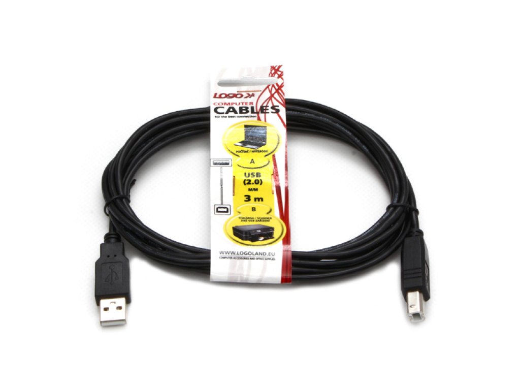 Kabel USB (2.0),černý USB A M- USB B M, 3m,, Logo