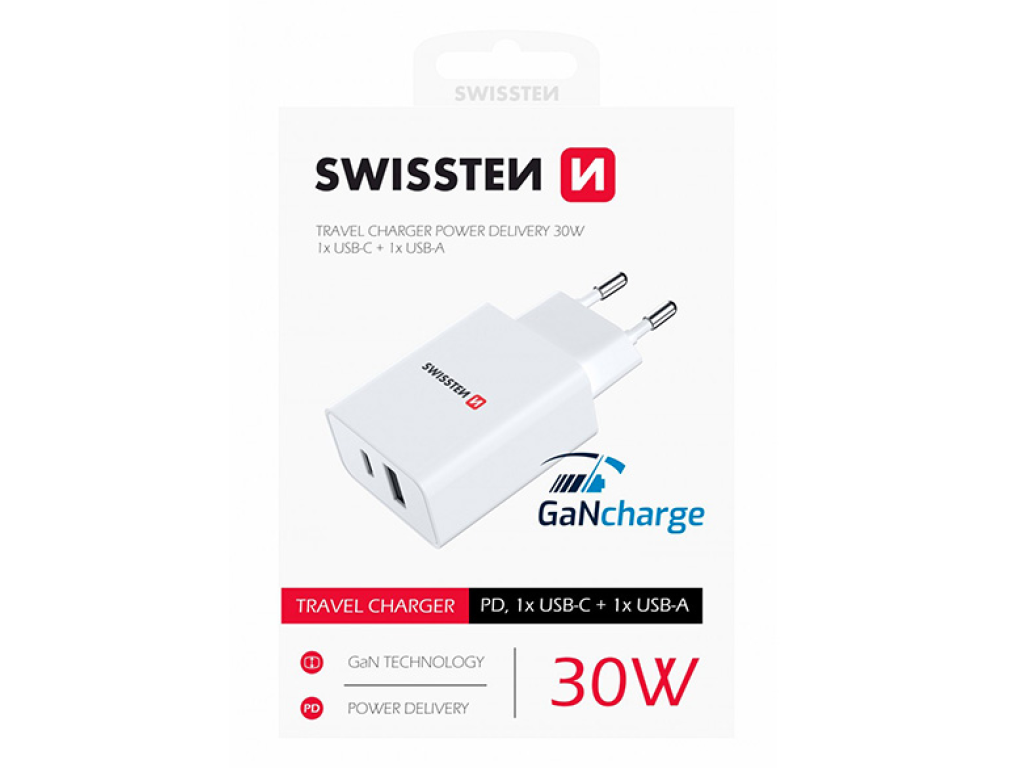 Síťový adaptér SWISSTEN 30W, USB-C, USB-A