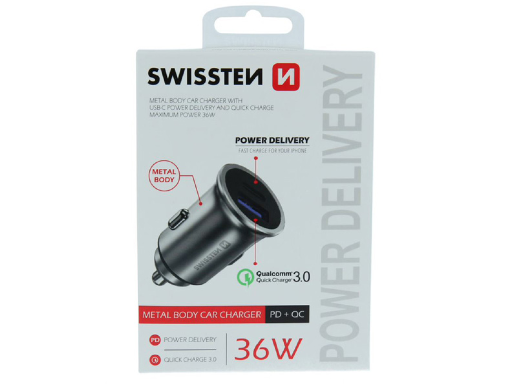 SWISSTEN, autonabíječka 36W, USB-C,USB-A
