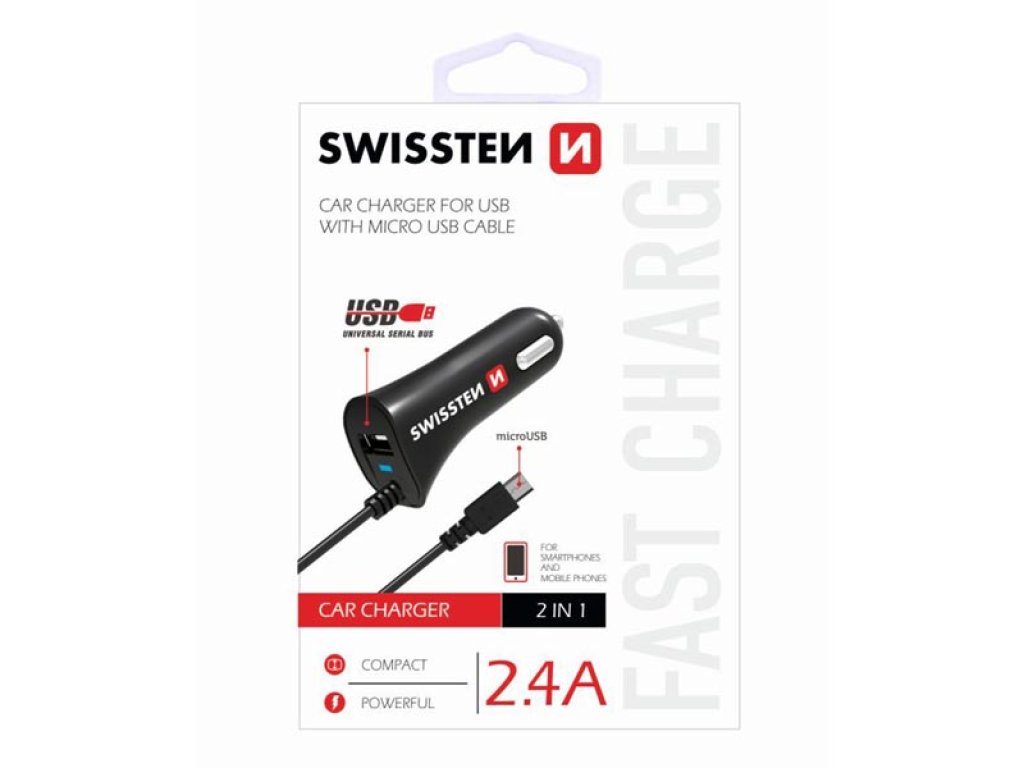 SWISSTEN, micro USB auto nabíječka, 1x konektor + USB port 12V, 5V, 2400mA, nabíjení mobilních telefonů a GPS, černá