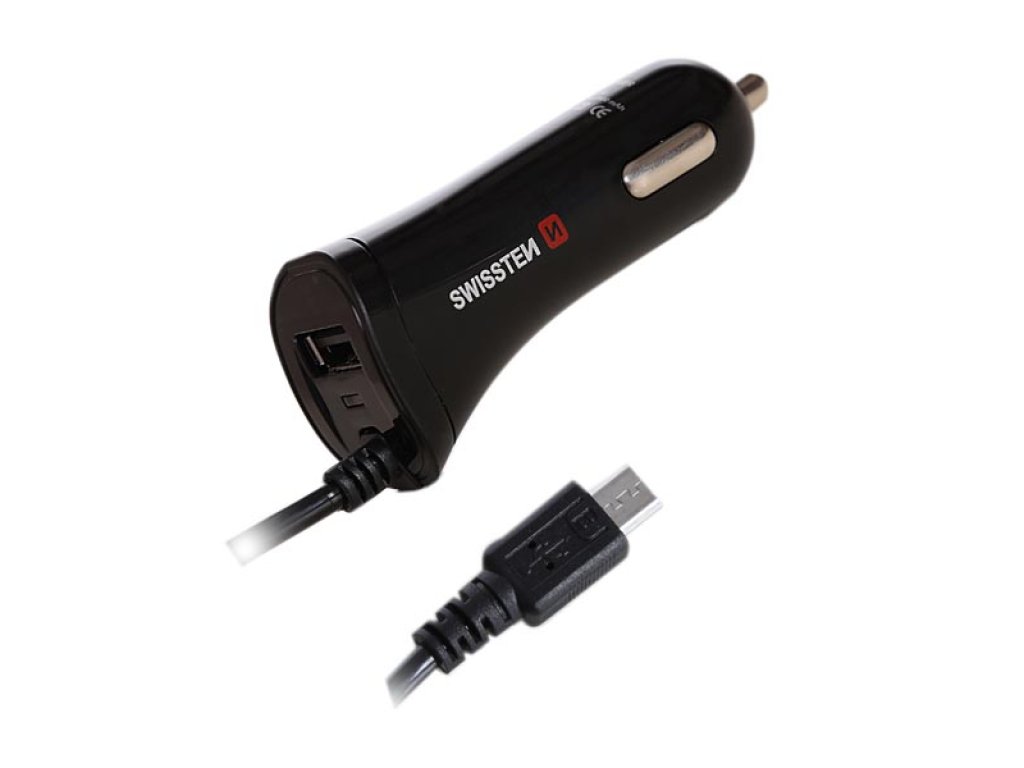 SWISSTEN, micro USB auto nabíječka, 1x konektor + USB port 12V, 5V, 2400mA, nabíjení mobilních telefonů a GPS, černá