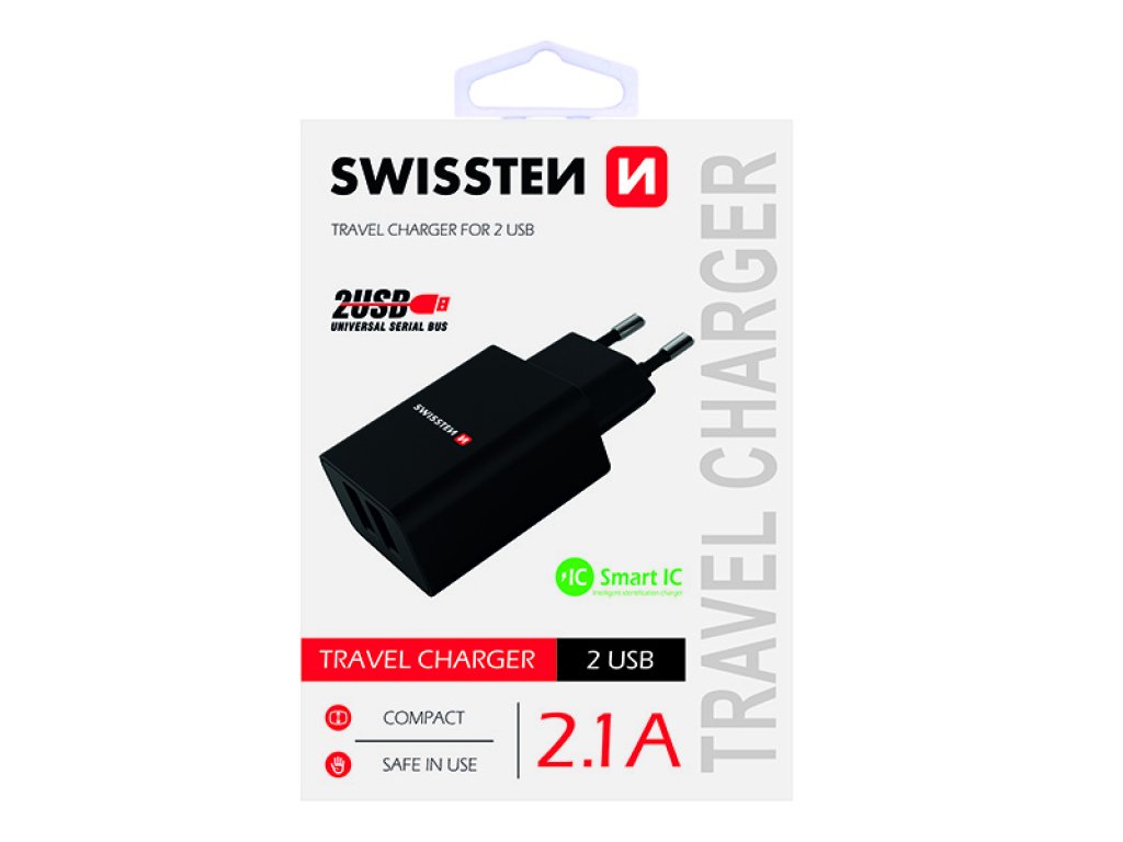 SWISSTEN, Síťový adaptér, 100-240V, 5V, 2100mA, 2 porty,nabíjení mobilních telefonů aj., černý