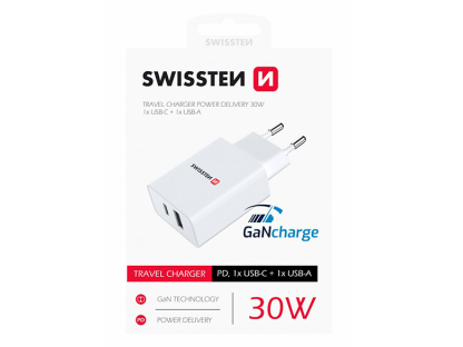 Síťový adaptér SWISSTEN 30W, USB-C, USB-A