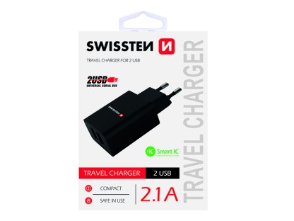 SWISSTEN, Síťový adaptér, 100-240V, 5V, 2100mA, 2 porty,nabíjení mobilních telefonů aj., černý