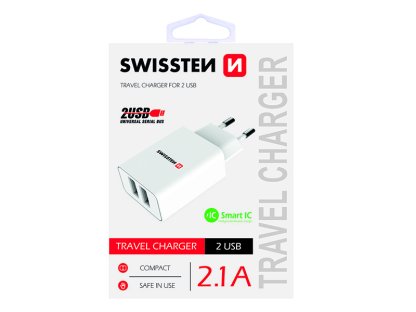 SWISSTEN, Síťový adaptér, 100-240V, 5V, 2100mA, nabíjení mobilních telefonů aj., bílý
