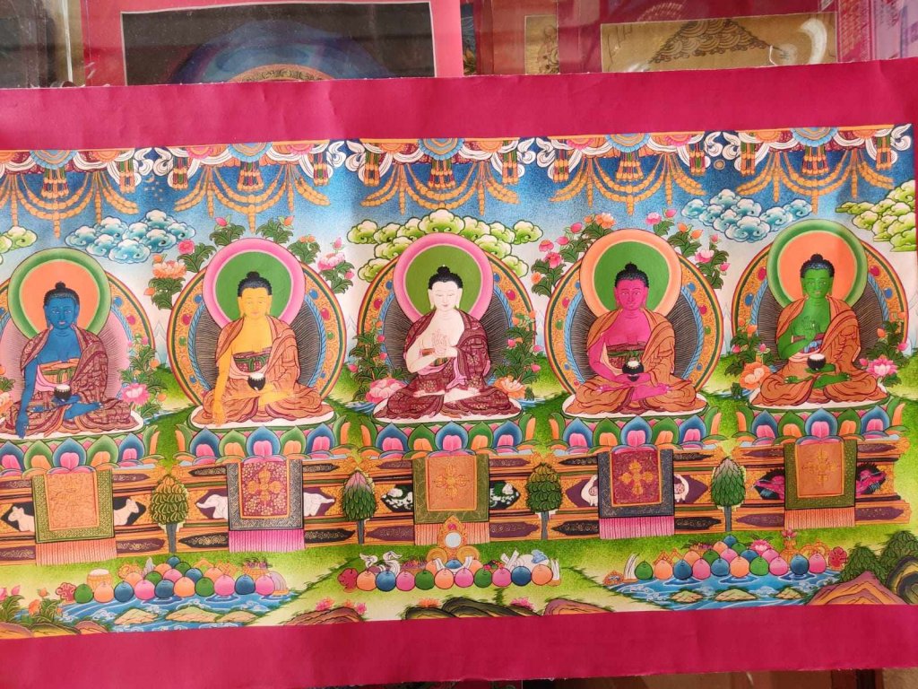 5 Dyani Buddha Familie Thangka speziel Tathagatas mit Gold Gemahlen