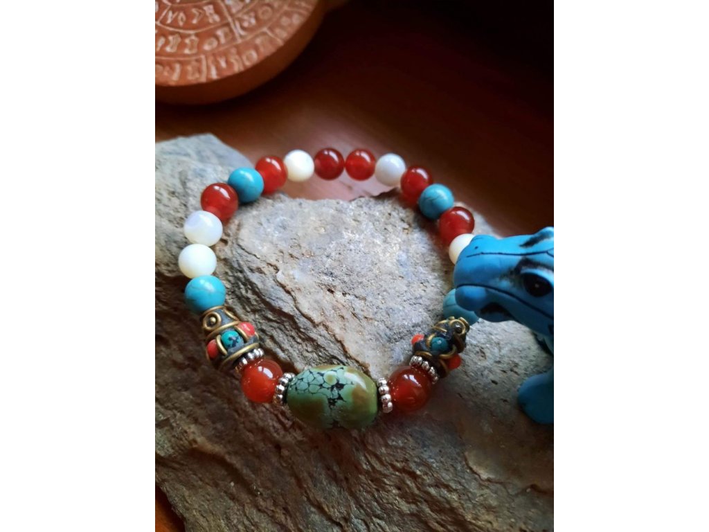 Armband Tibetische stil Turkiese/Karneol/Perle