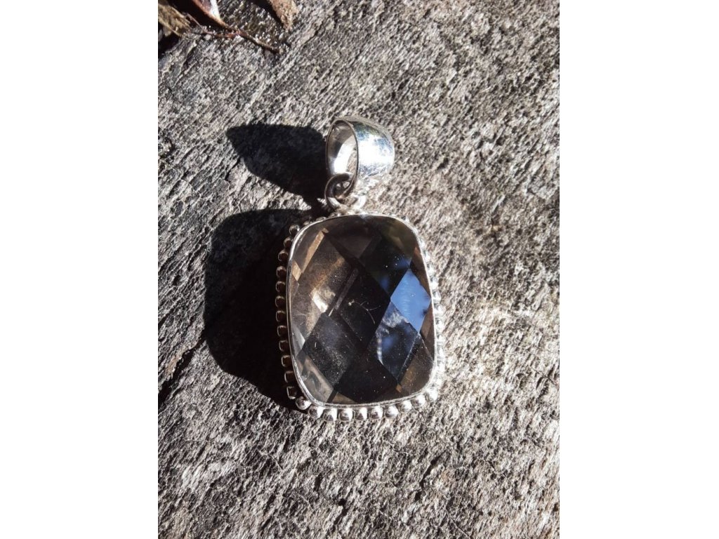 Silver Pendant square diamond cut Smokey quartz diamond cut 2,5cm