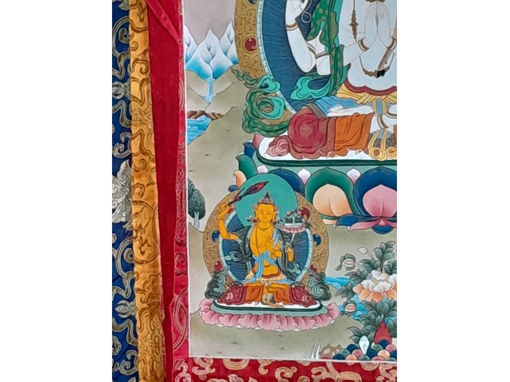 Thangka Avalokitesvara mit Manjusri,Vajrapani,Tara  und Amitabha  Mandala mit Gold