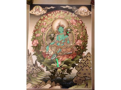 Thangka Green Tara Devi painting with gold