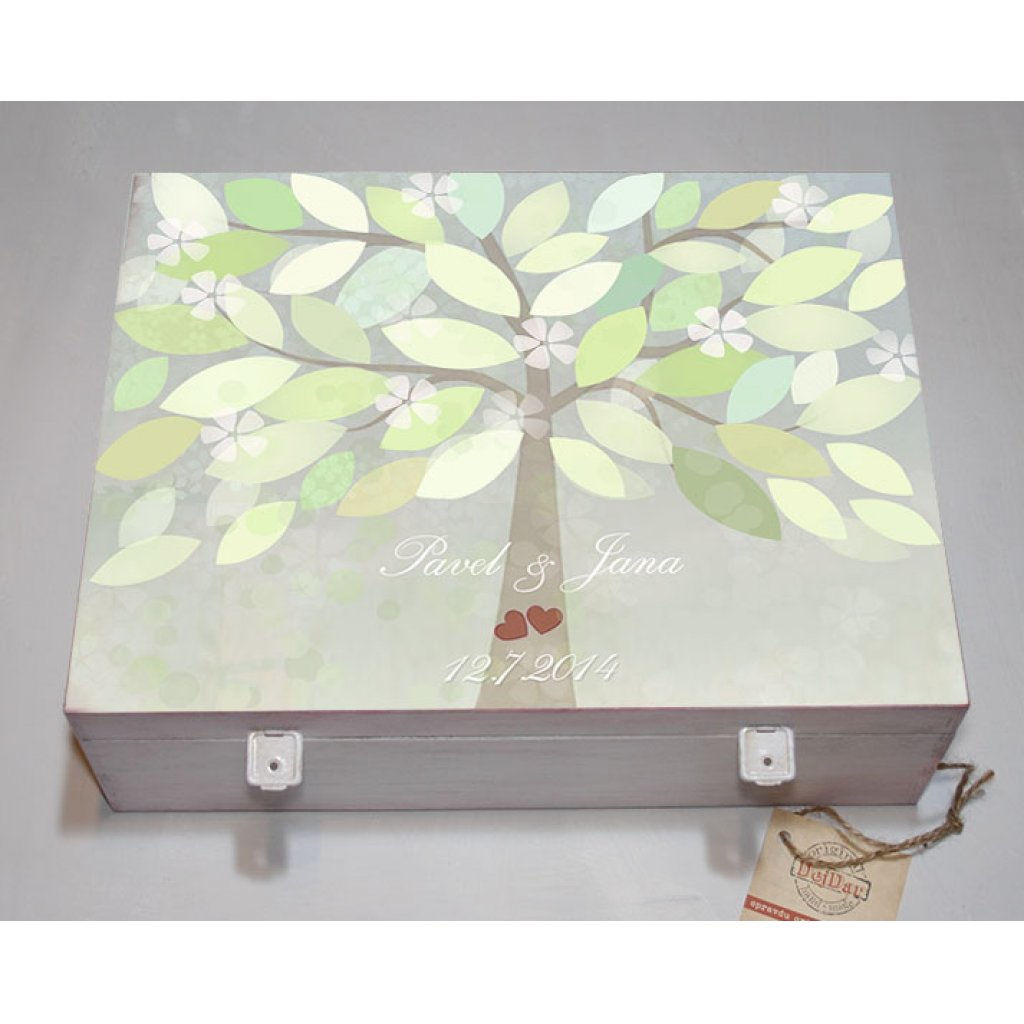 Svatební krabice se stromem přání na vzkazy a podpisy - zelená