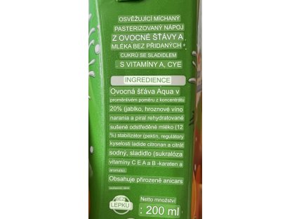 ovocná šťáva a mléko bez přidaného cukru 200ml