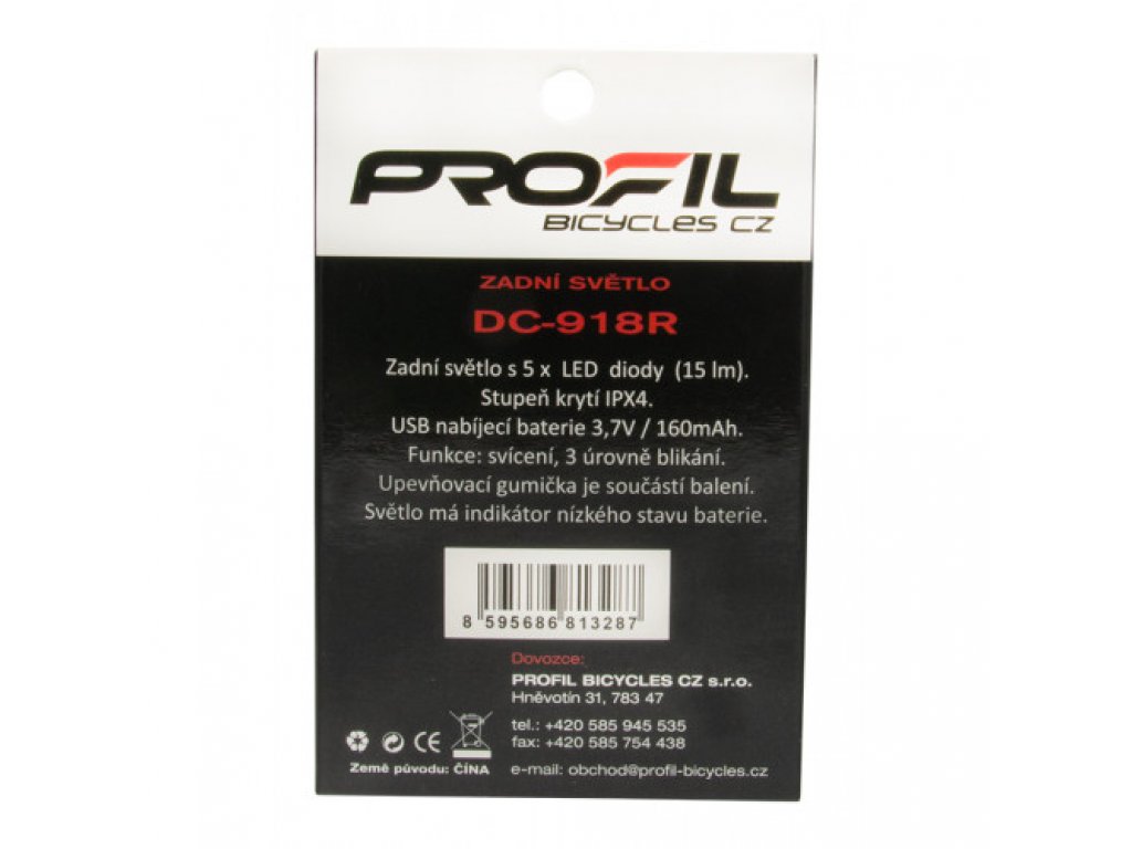 světlo zadní PROFIL XC-918R USB 15lm