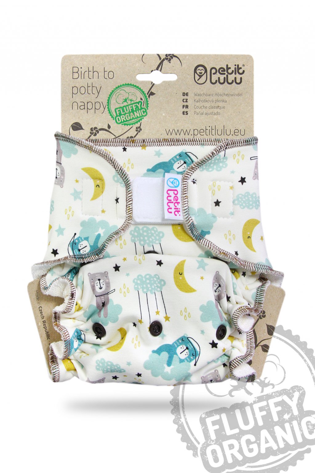PETIT LULU - NOČNÍ KALHOTKOVÁ PLENA - FLUFFY ORGANIC - OSPALÍ MEDVÍDCI (SUCHÝ ZIP)