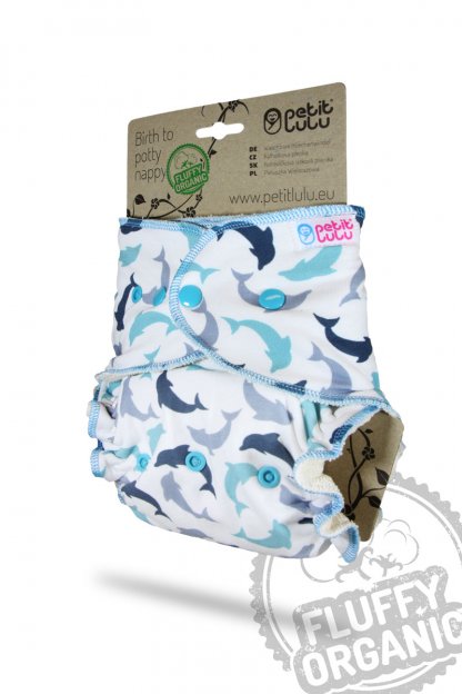 PETIT LULU - NOČNÍ KALHOTKOVÁ PLENA - FLUFFY ORGANIC - DELFÍNCI (PATENTKY)