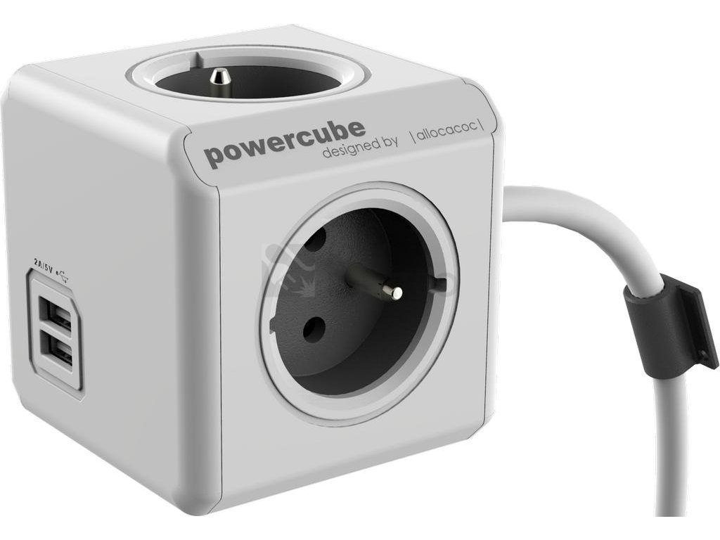 ALLOCACOC prodlužovací přívod 230V PowerCube Extended USB, 4 zásuvky, 2xUSB, 1,5m, šedý (8718444082217)