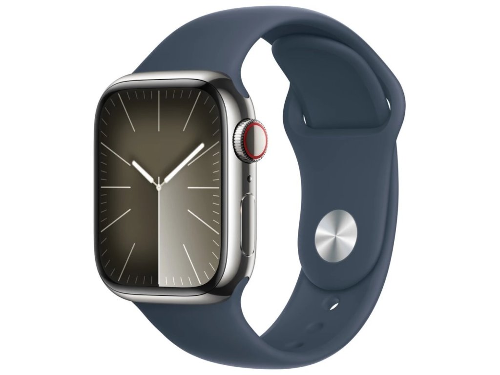 APPLE Watch Series 9 GPS + Cellular 41mm Silver Stainless Steel Case with Storm Blue Sport Band - S/M (MRJ23QC/A)