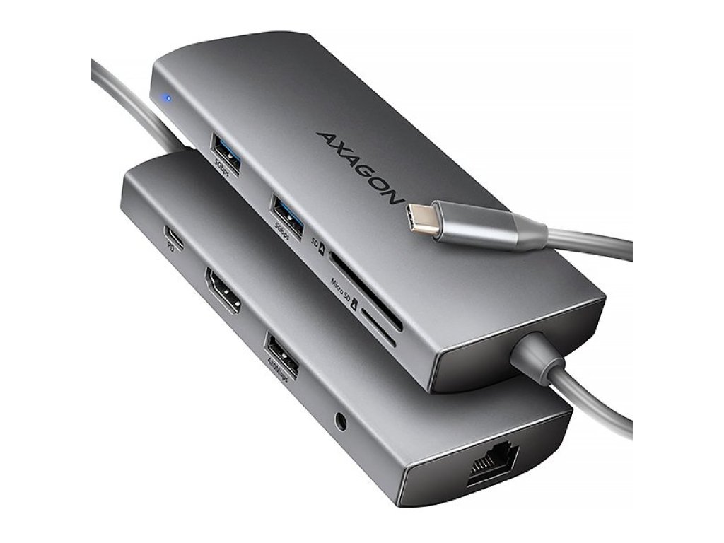 AXAGON HMC-8HLSA 9-in-1 Hub, USB-C 5Gbps, 3x USB-A, HDMI 4k/60Hz, RJ-45, SD/mSD, audio, PD 100W