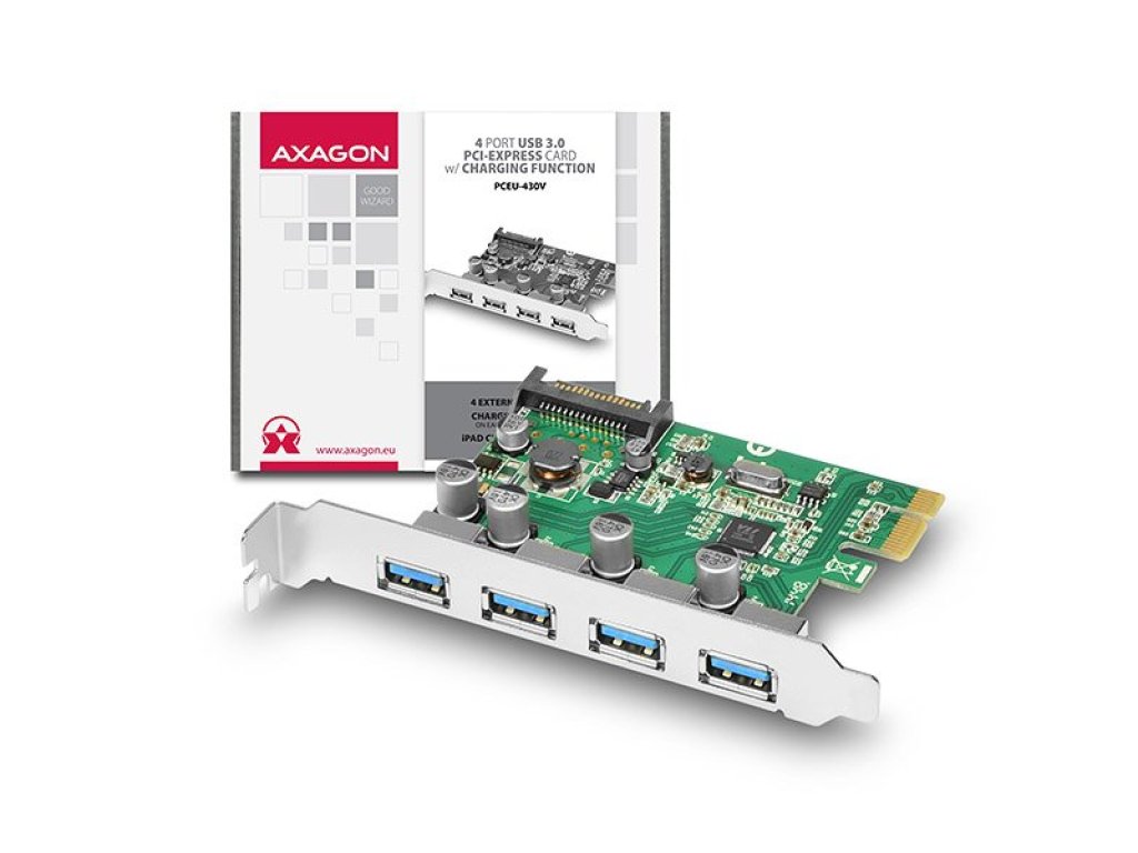 AXAGON PCEU-430V, PCIe adapter 4x USB3.0, UASP, nabíjení 3A, VIA