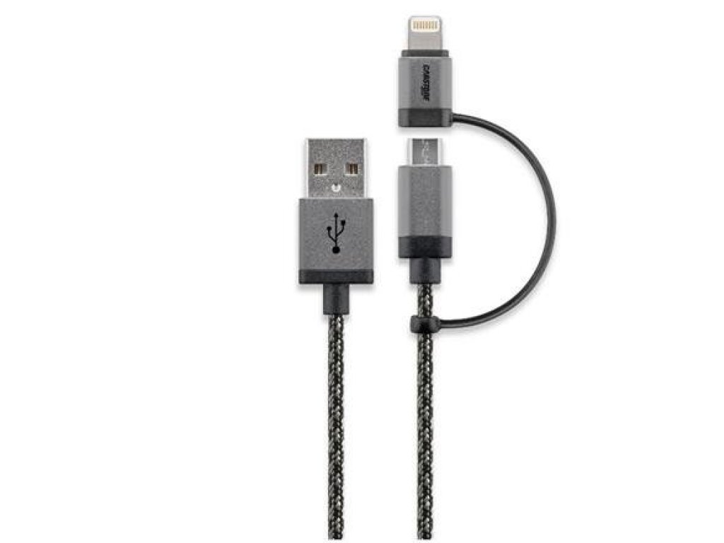 CABSTONE kabel USB, A-Lightning+B micro, M/M+M, propojovací, 1m, černo-stříbrný, opletený (kipod48)