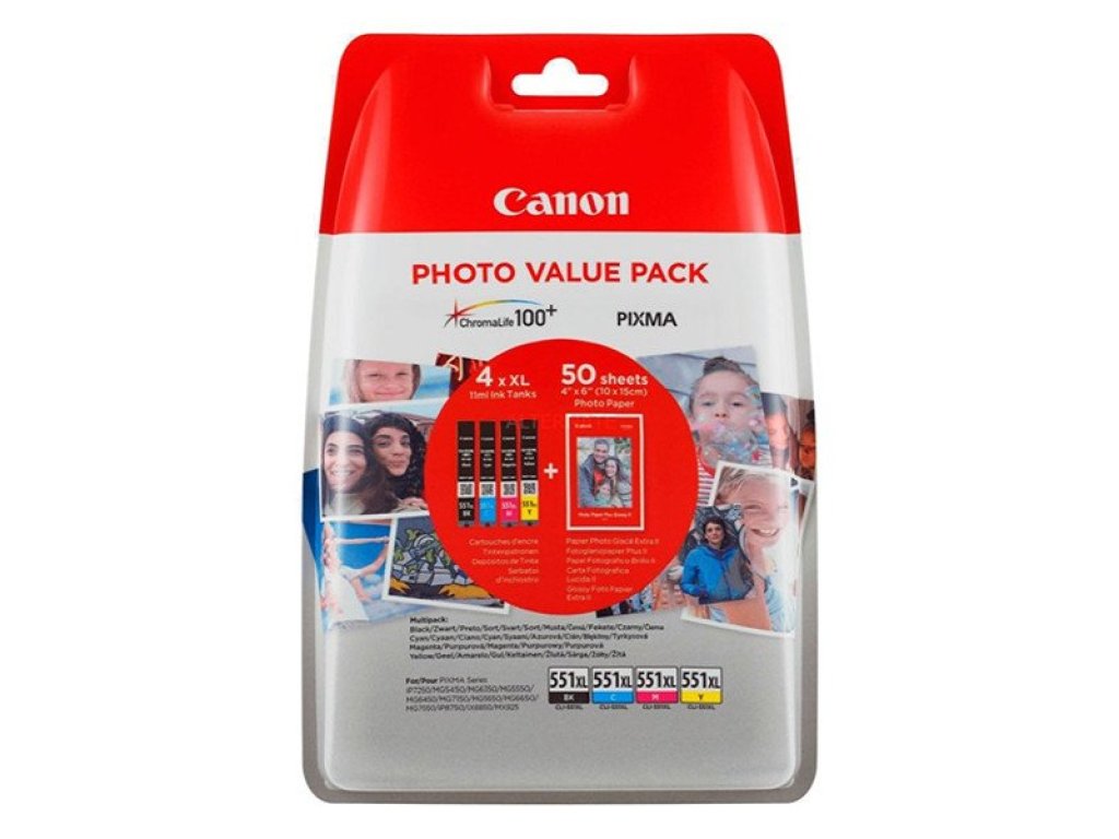 Canon CLI-551XL C/M/Y/BK Photo Value Pack - 4-balení - 11 ml - XL - žlutá, azurová, purpurová, černá - originální (6443B008)